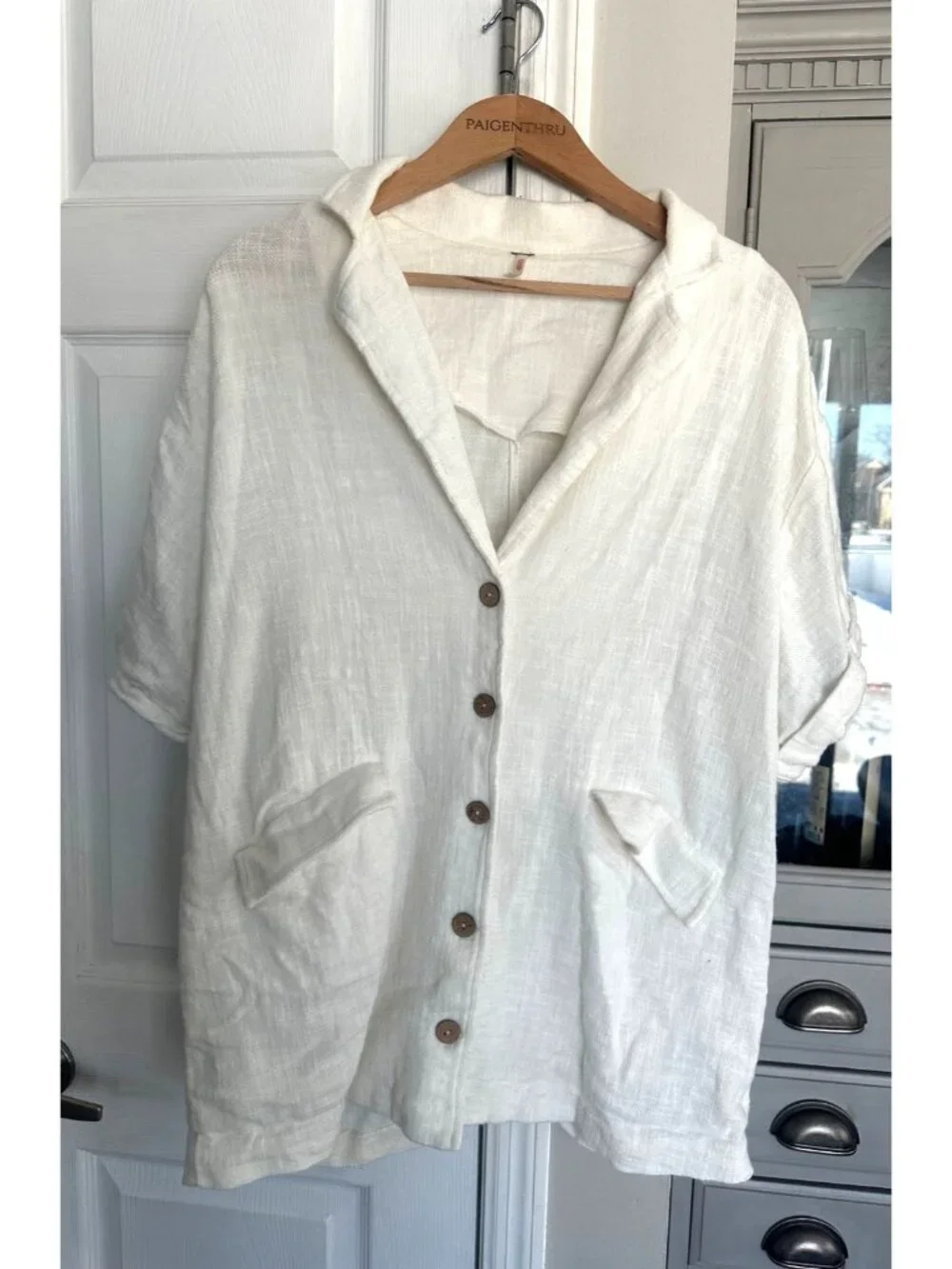 Free People M Without Trying Short Sleeve Pockets Blazer Tunic in Cream Ivory